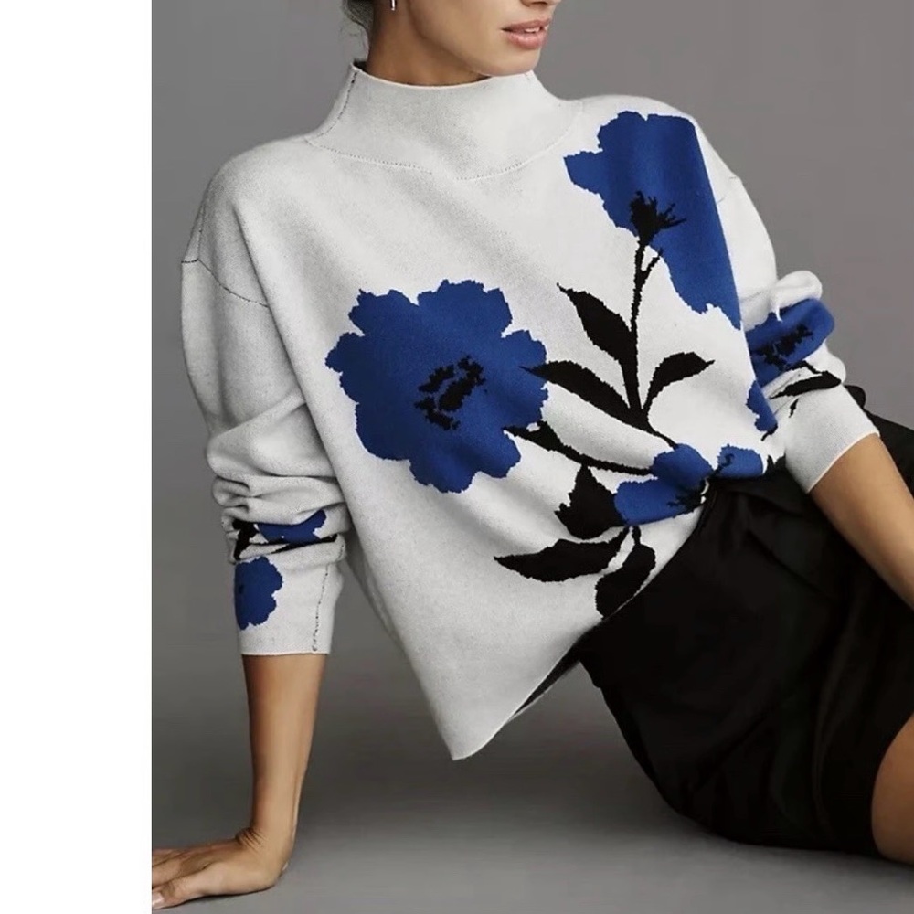 Anthropologie Maeve Gray and Blue Floral Turtleneck Sweater - Picture 2 of 3